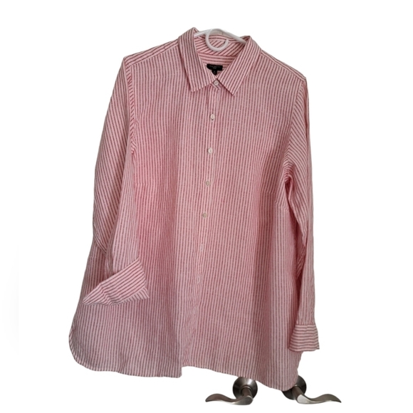 TALBOTS WOMAN 1X linen blouse shirt top red pinstripe darts long sleeve plus sz - Picture 3 of 7